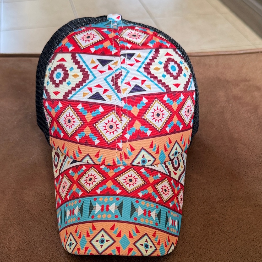 Colorful Geometric Pattern Trucker Pony-Tail Cap adjustable size